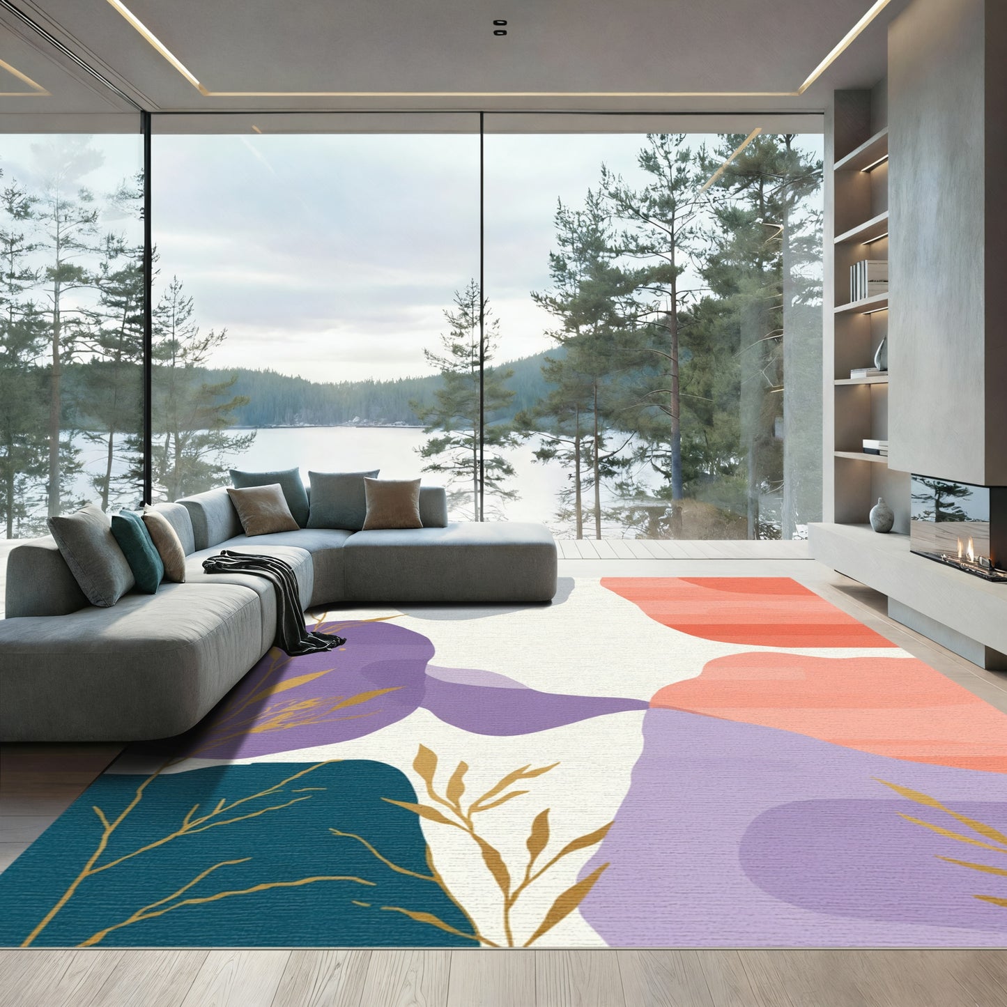 Abstract Botanical Harmony Gold and Coral Rug