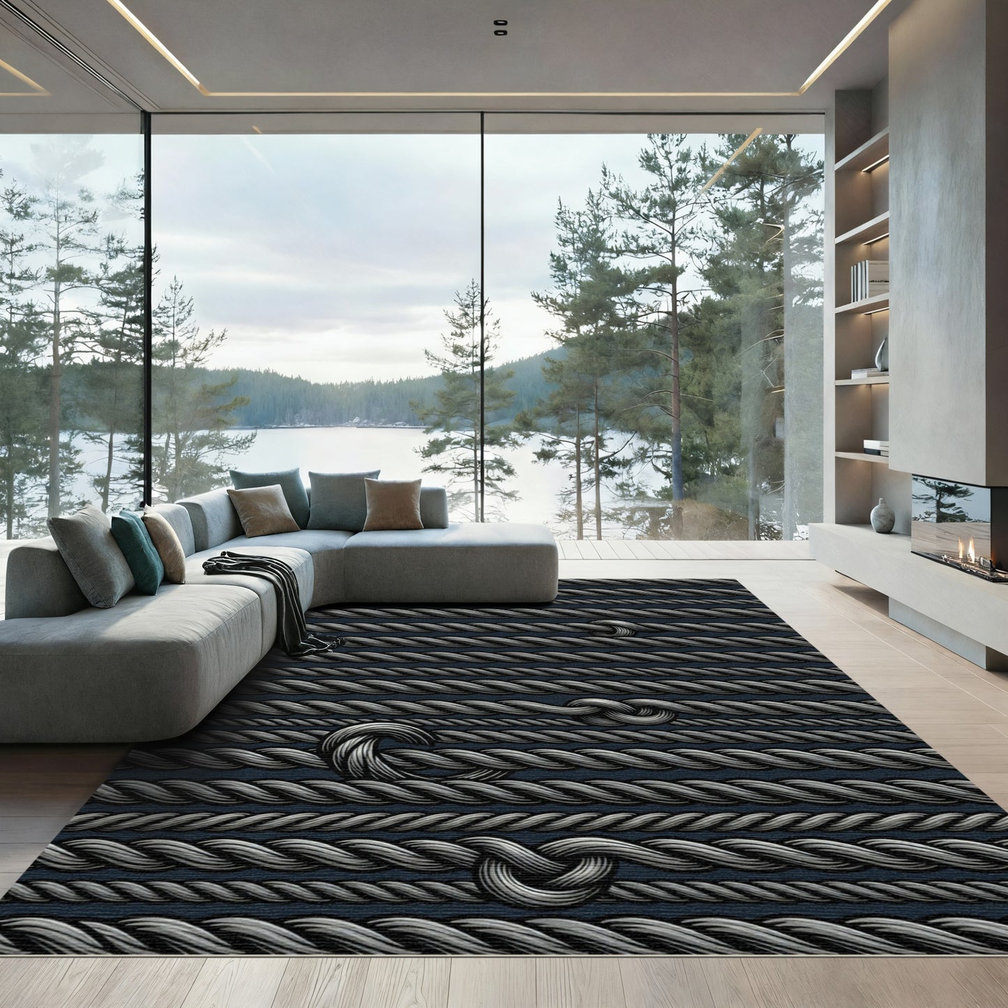 Textured Gray Rope Knotted Stripes Rug