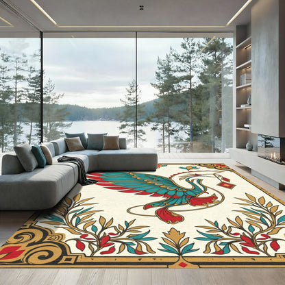 Exotic Teal Red Bird Jewel Art Nouveau Rug