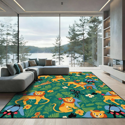 Whimsical Jungle Lions Tropical Floral Rug