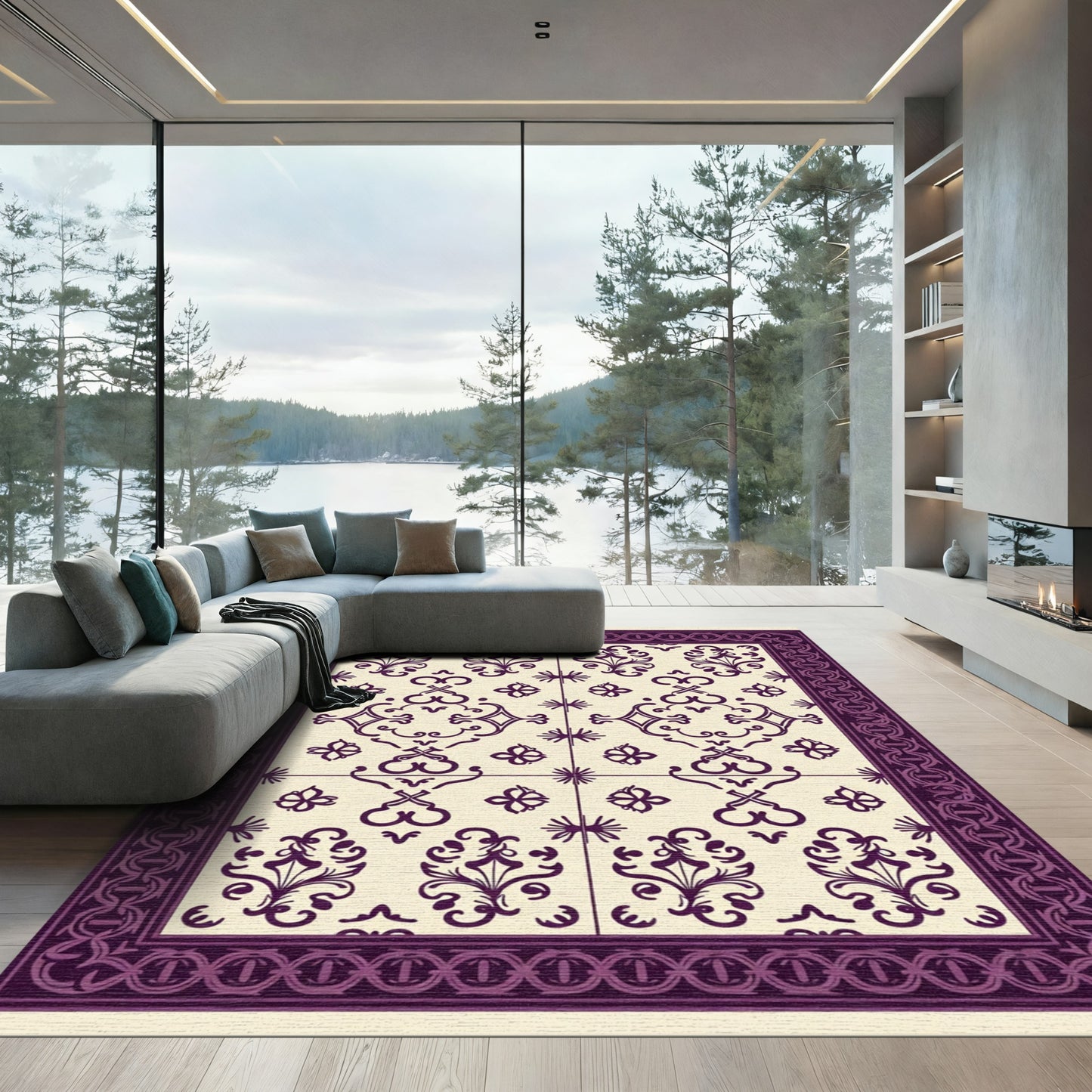 Deep Plum Floral Filigree Border Rug