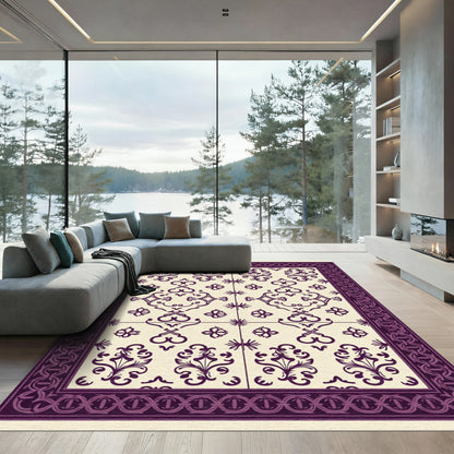 Deep Plum Floral Filigree Border Rug