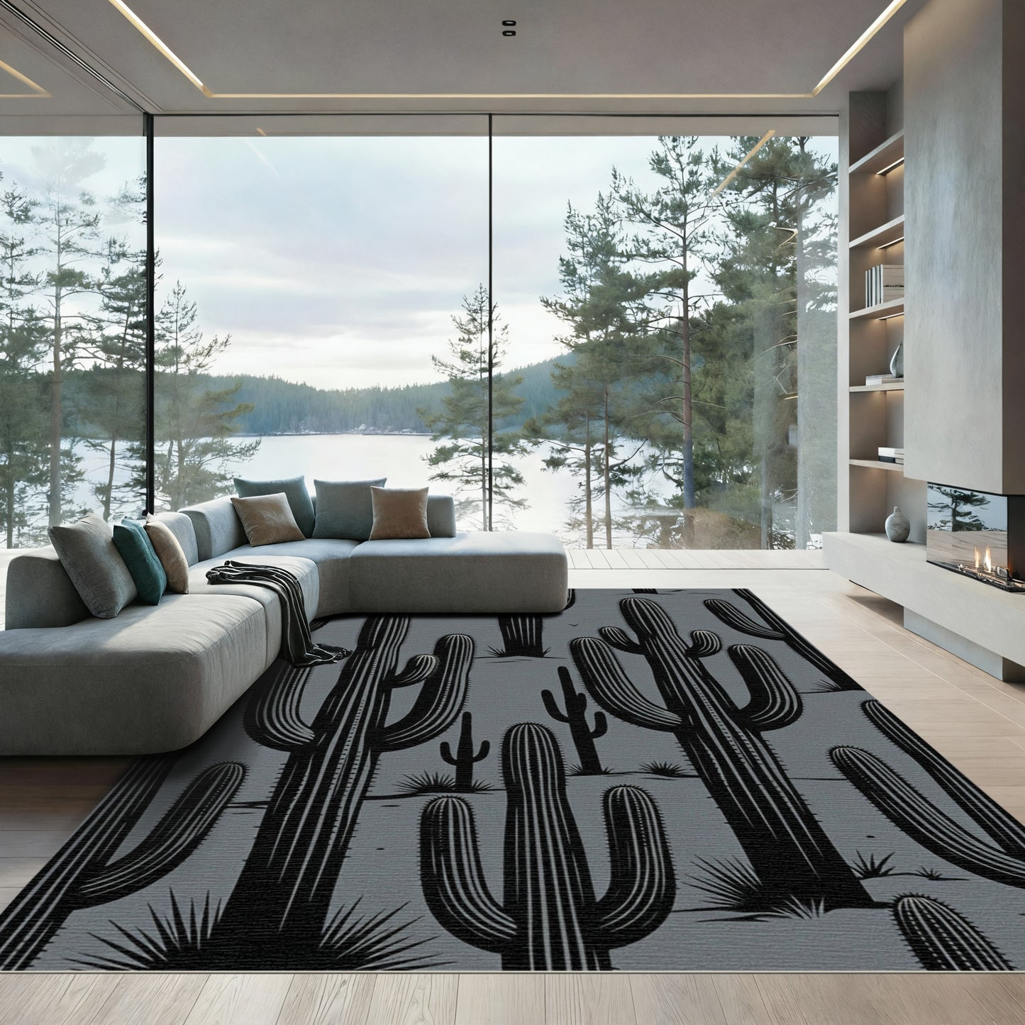 Monochromatic Desert Cactus Landscape Rug