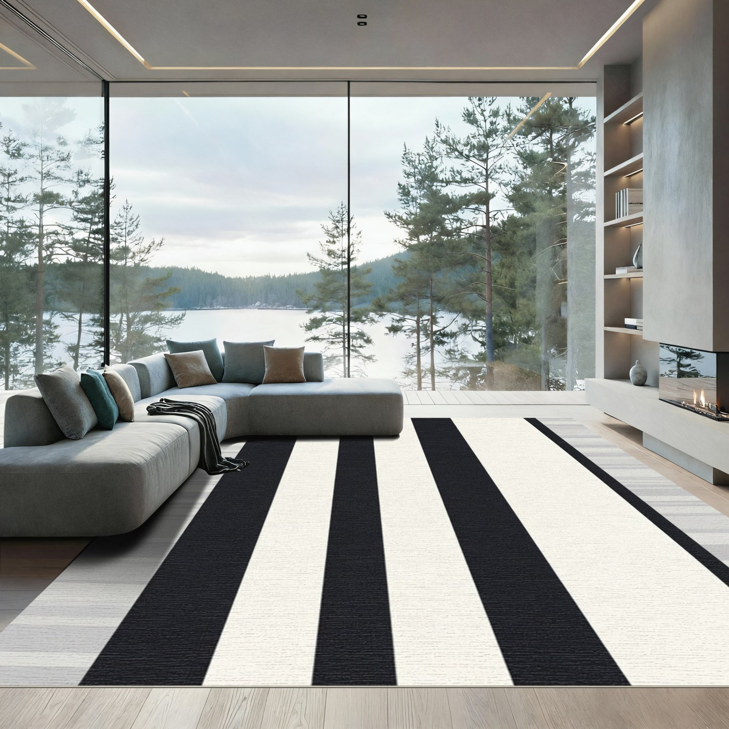Bold Black White Vertical Lines Rug