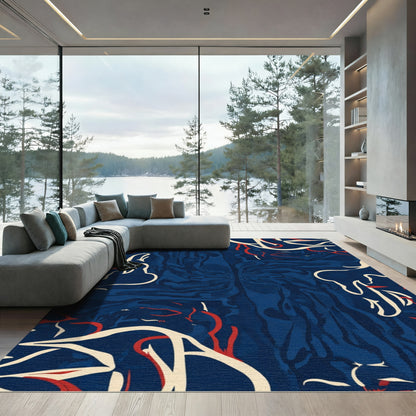 Deep Blue Abstract Swirl Line Art Rug