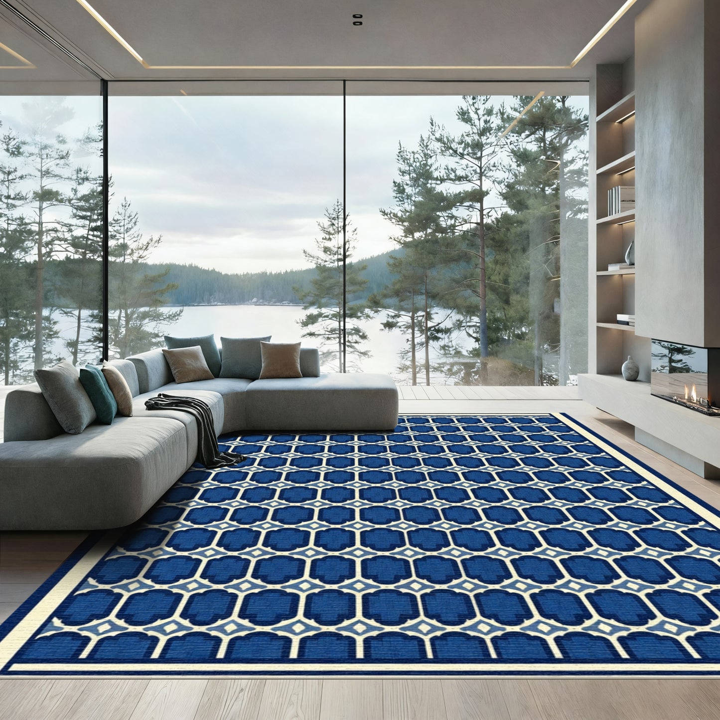 Deep Blue Geometric Nested Shape Rug