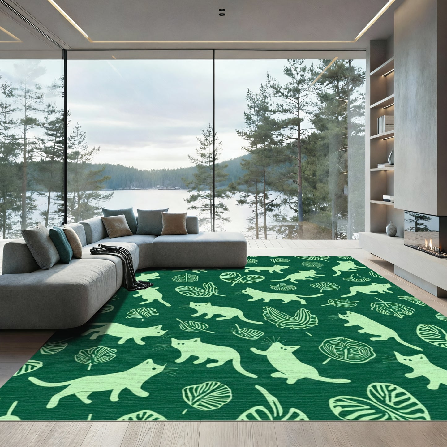 Light Green Feline Garden Whimsy Rug