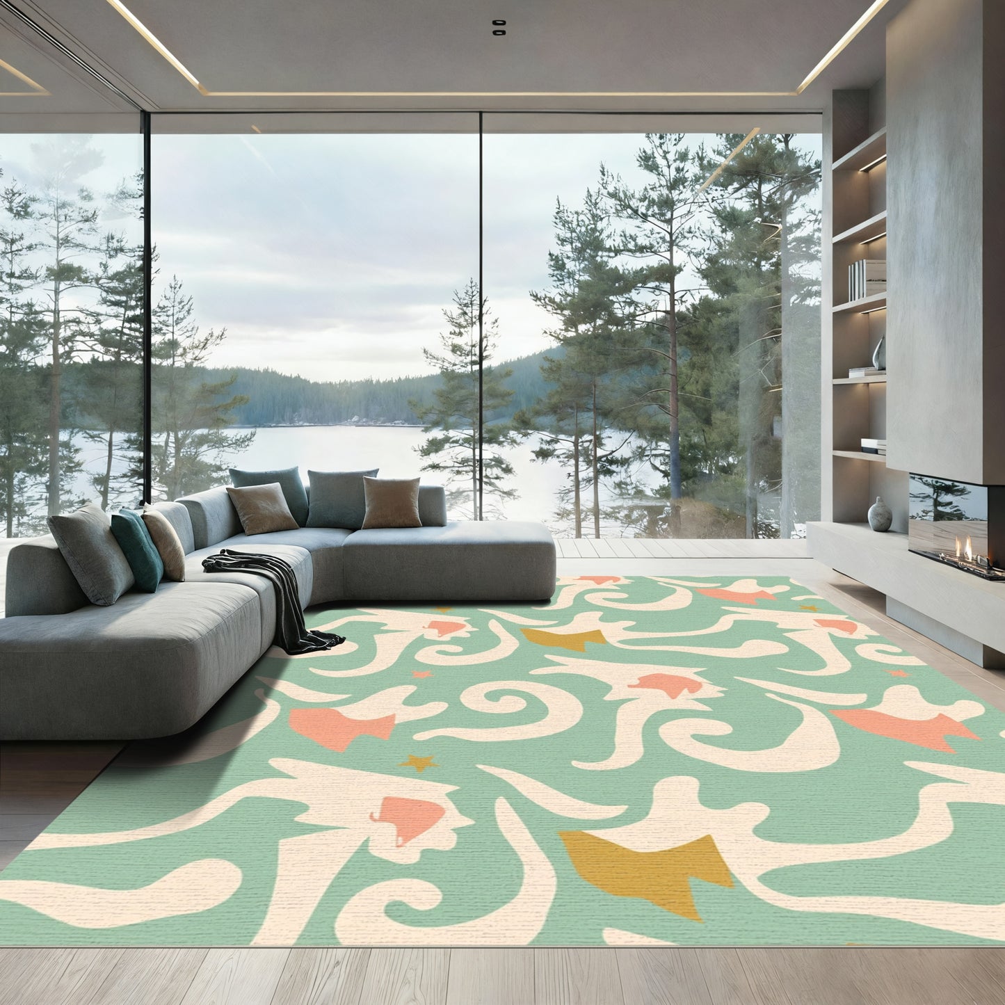 Abstract Coral Gold Wave Swirl Rug