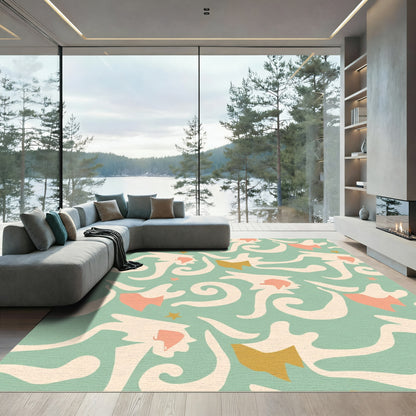 Abstract Coral Gold Wave Swirl Rug
