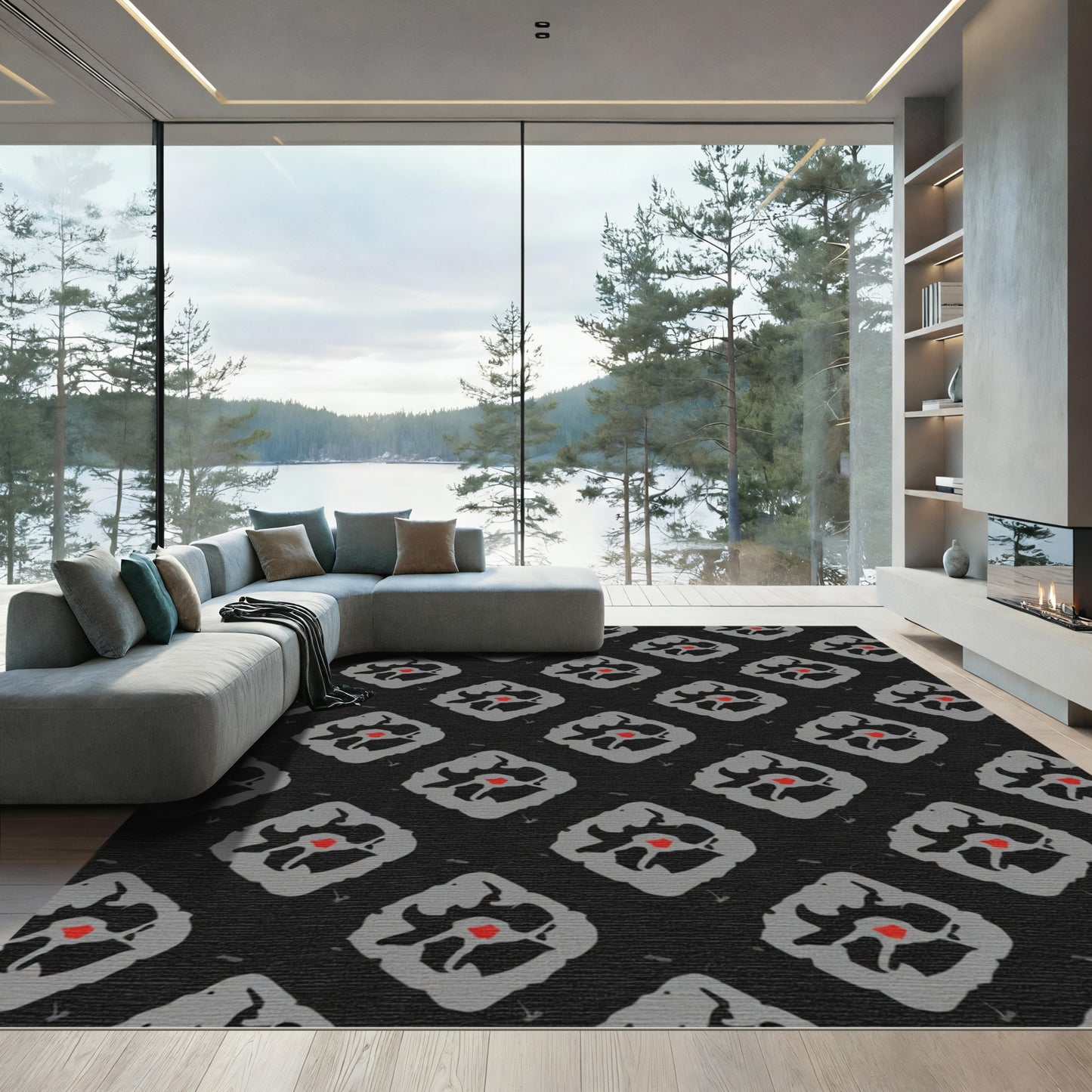Dark Gray Red Diamond Floral Rug