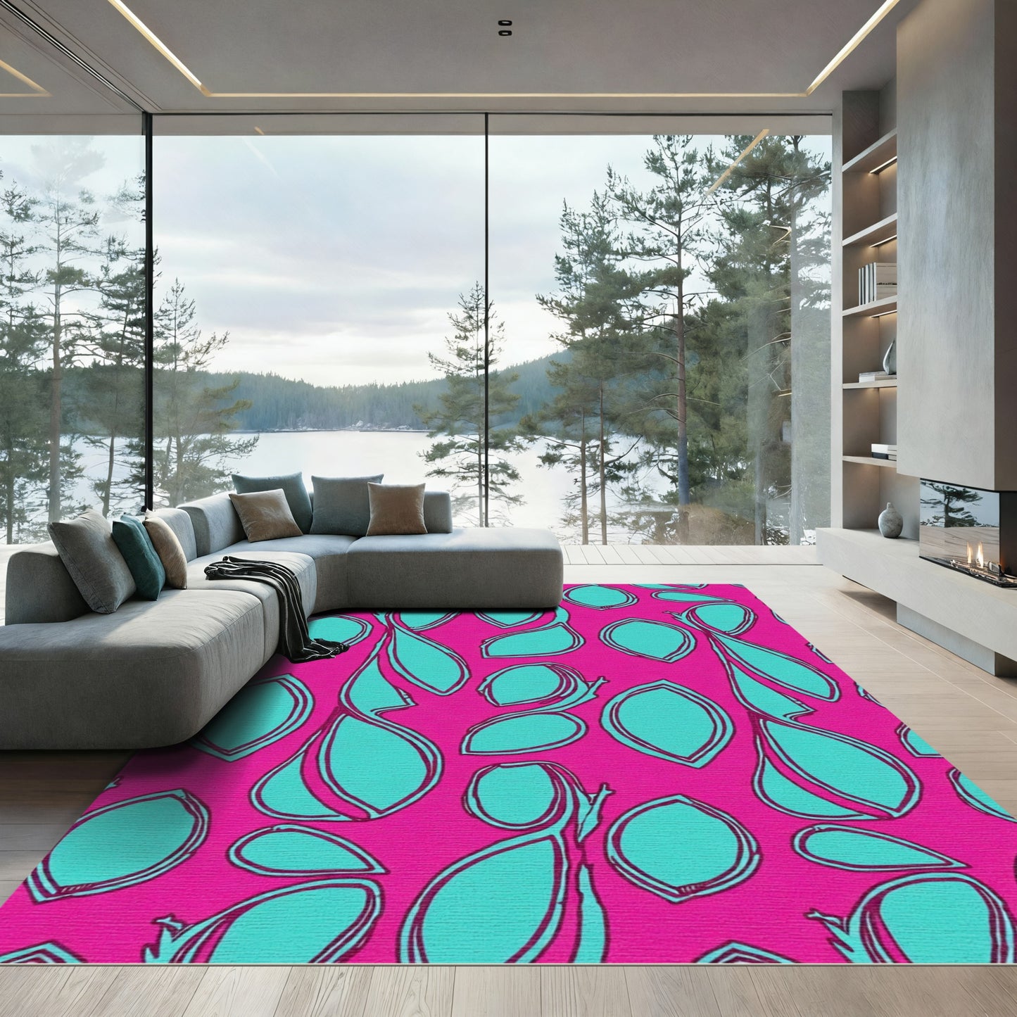 Pink Teal Abstract Leaf Cluster Rug