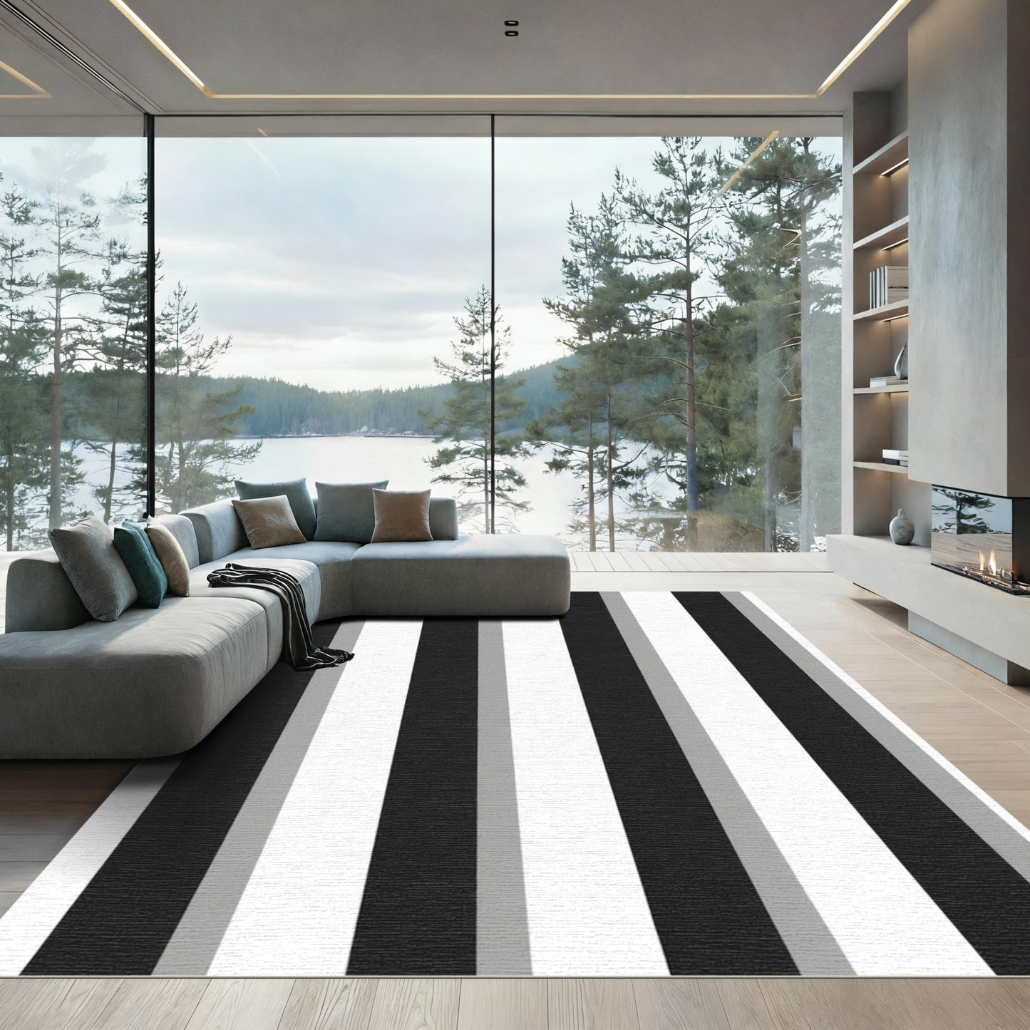 Bold Black Gray White Stripes Rug