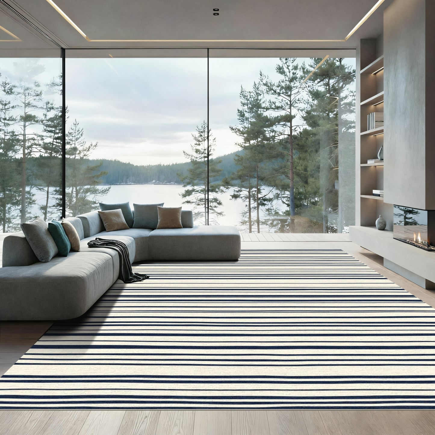 Cream And Navy Horizontal Stripe Rug