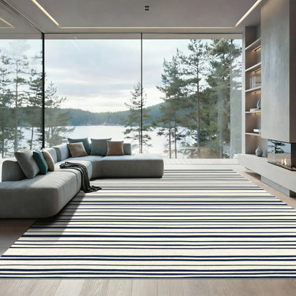 Cream And Navy Horizontal Stripe Rug