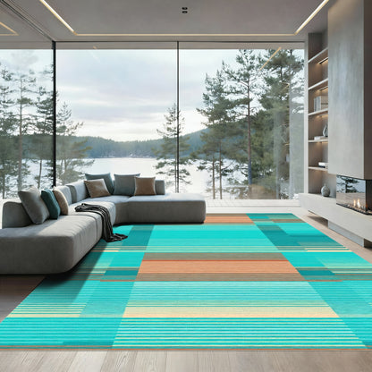 Cool Teal Orange Stripe Rectangles Rug