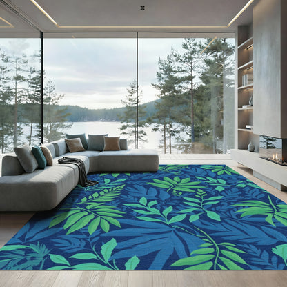 Deep Blue Greenery Leaf Pattern Rug
