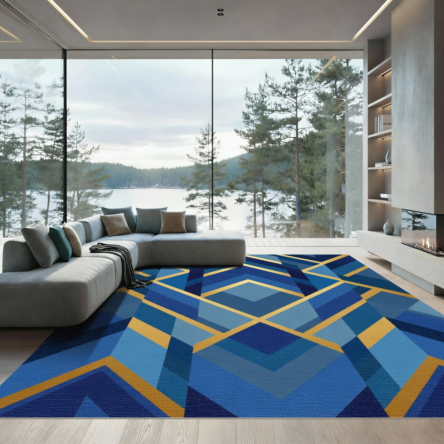 Art Deco Blue Geometric Gold Accents Rug