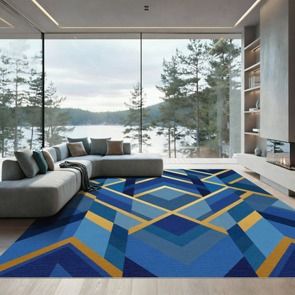 Art Deco Blue Geometric Gold Accents Rug