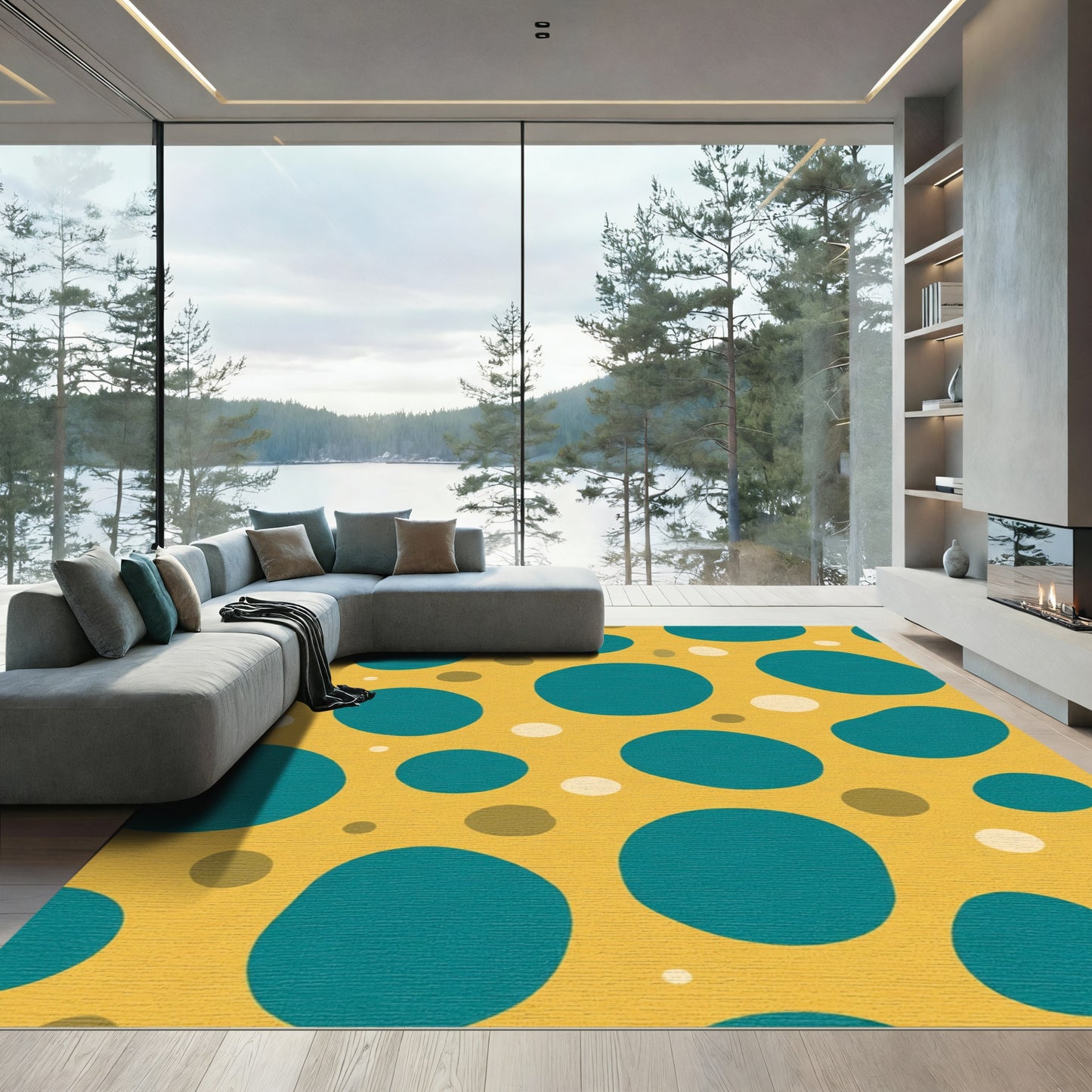 Golden Yellow Teal Circles Rug