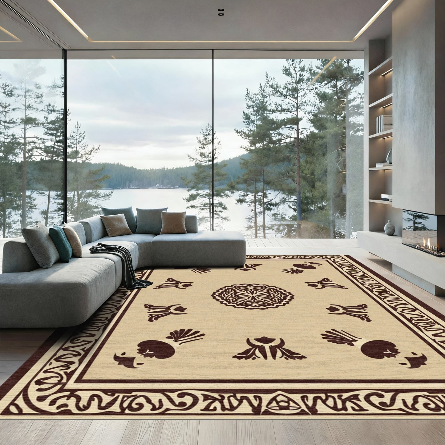 Sepia Floral Medallion Border Rug