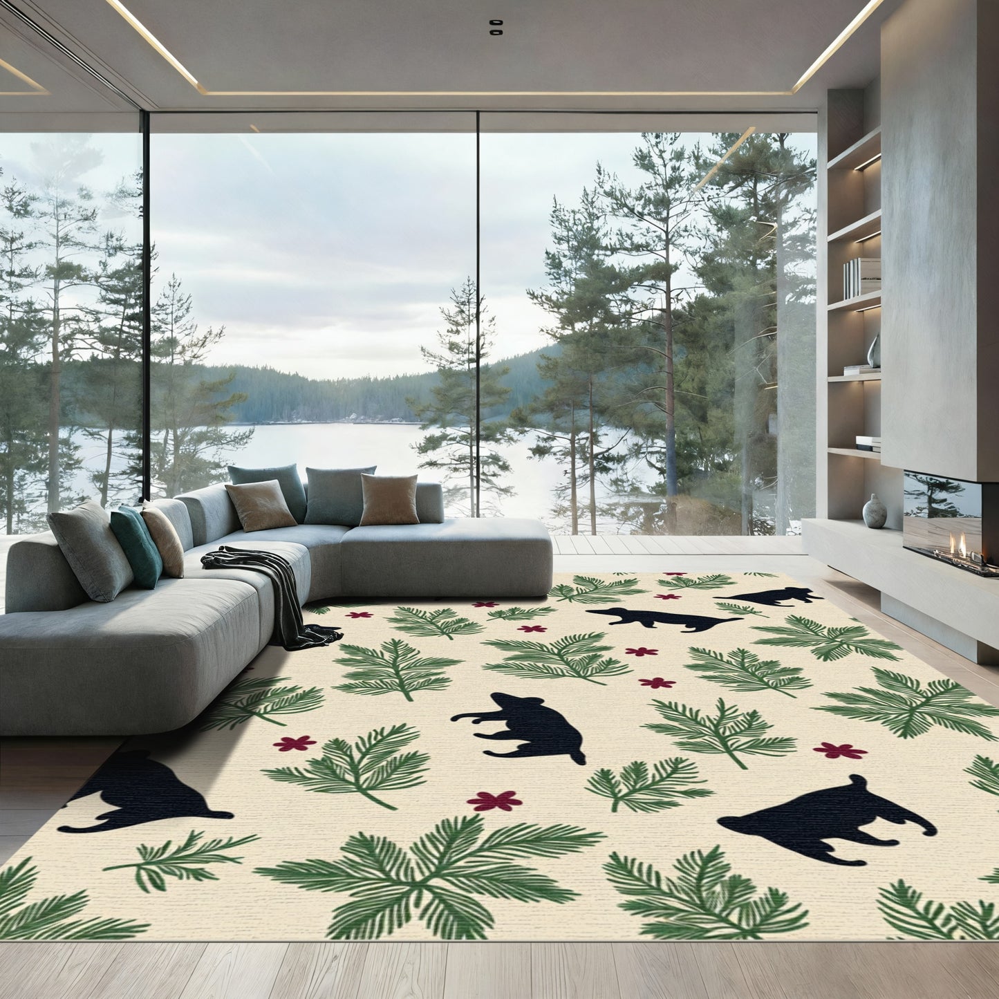 Dark Bear Green Foliage Burgundy Blossoms Rug