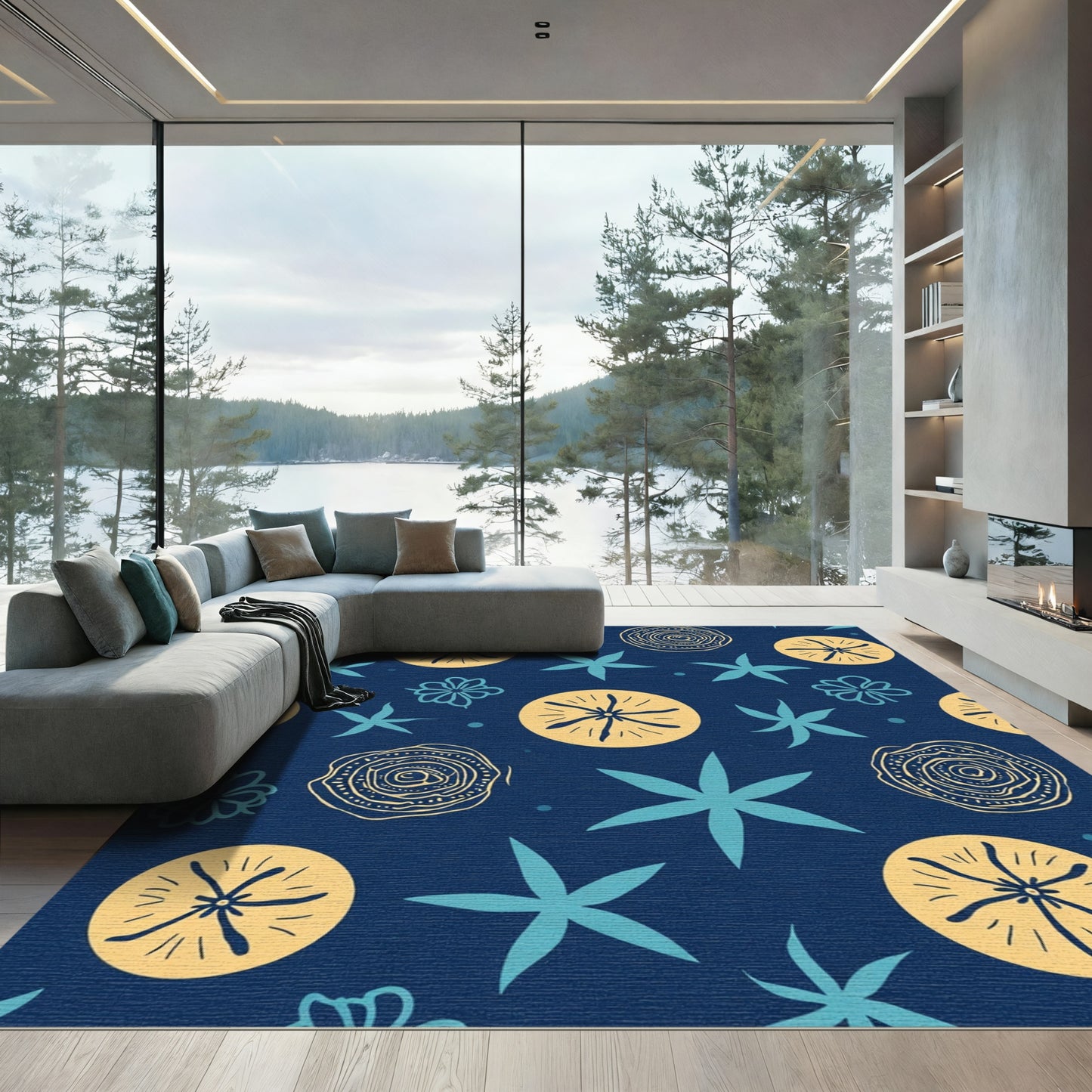 Navy Blue Starburst Floral Medallion Rug
