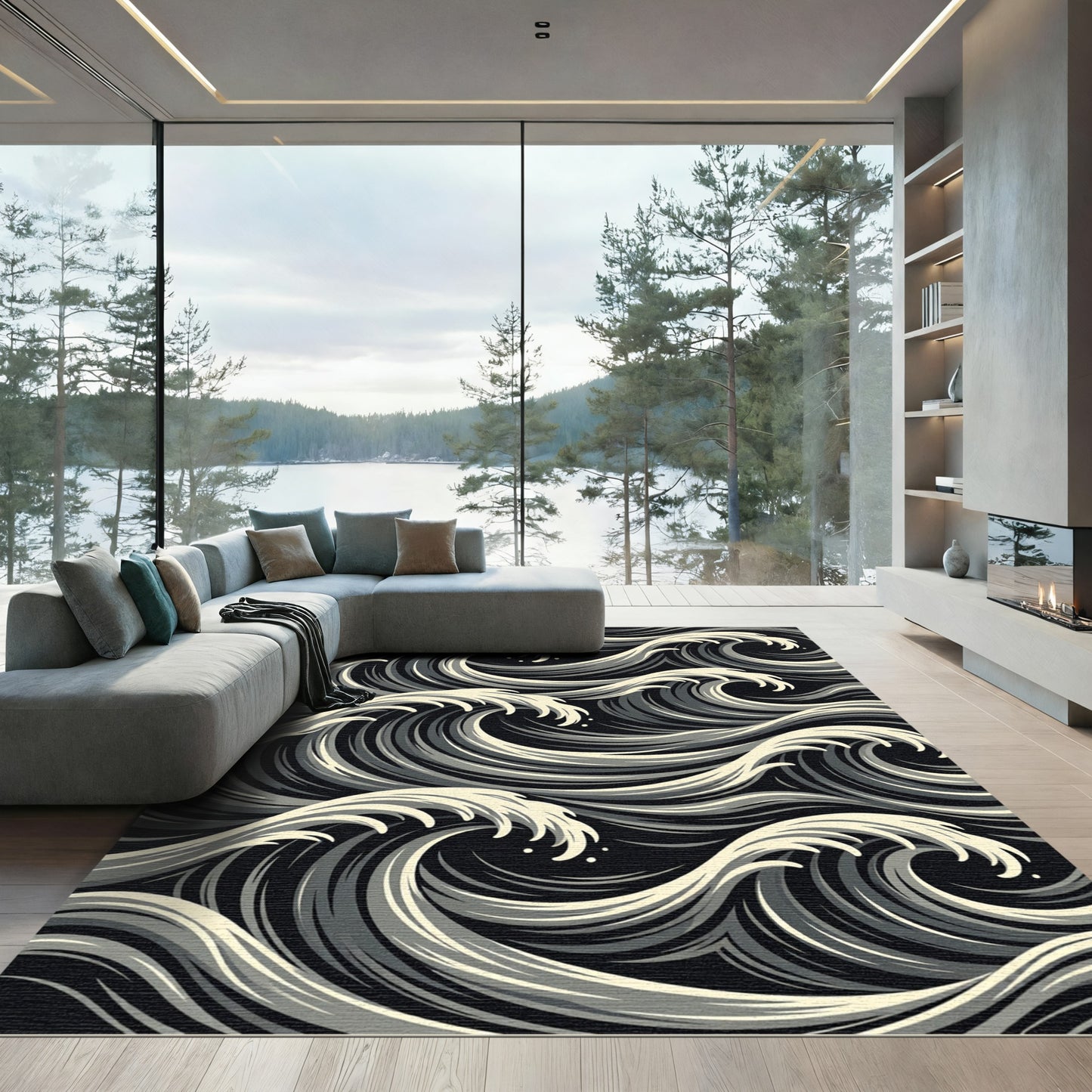 Dynamic Black White Ocean Waves Rug