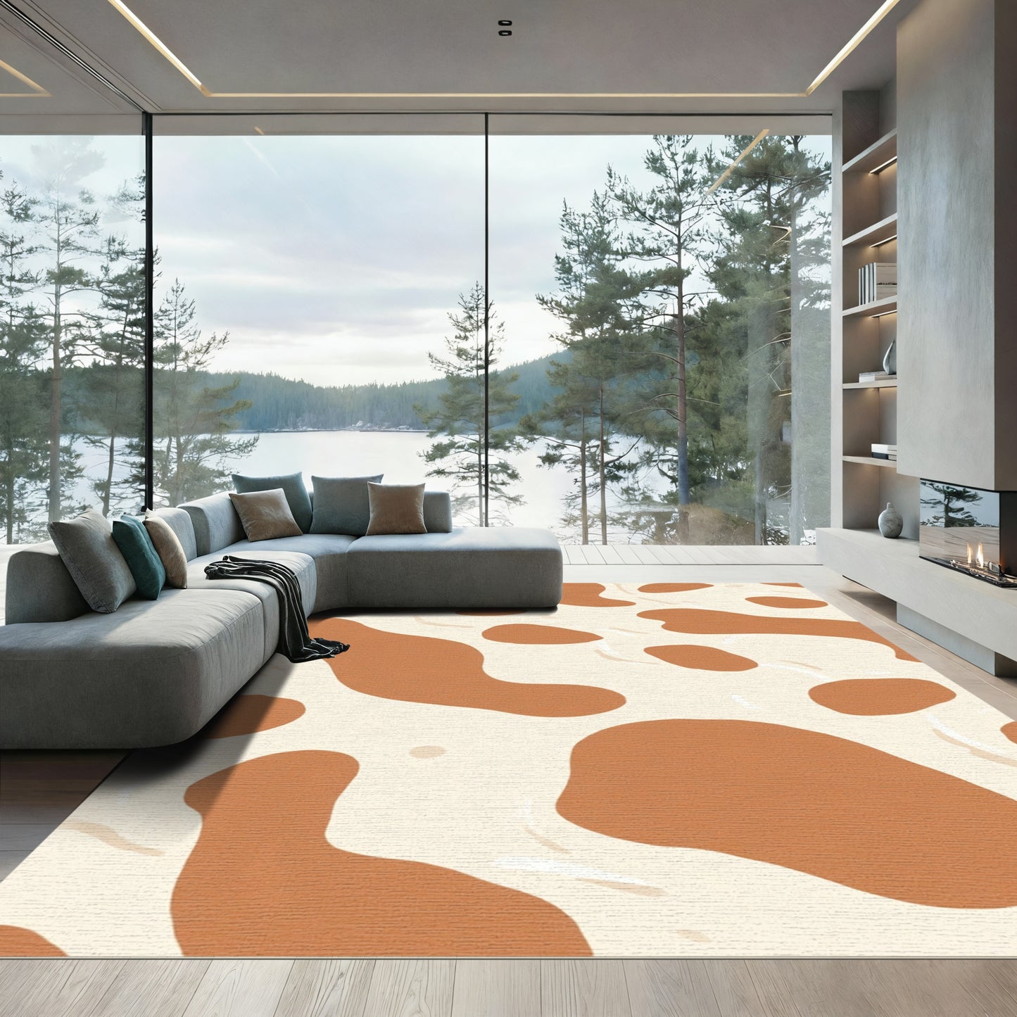 Brown Cream Abstract Blobs Rug