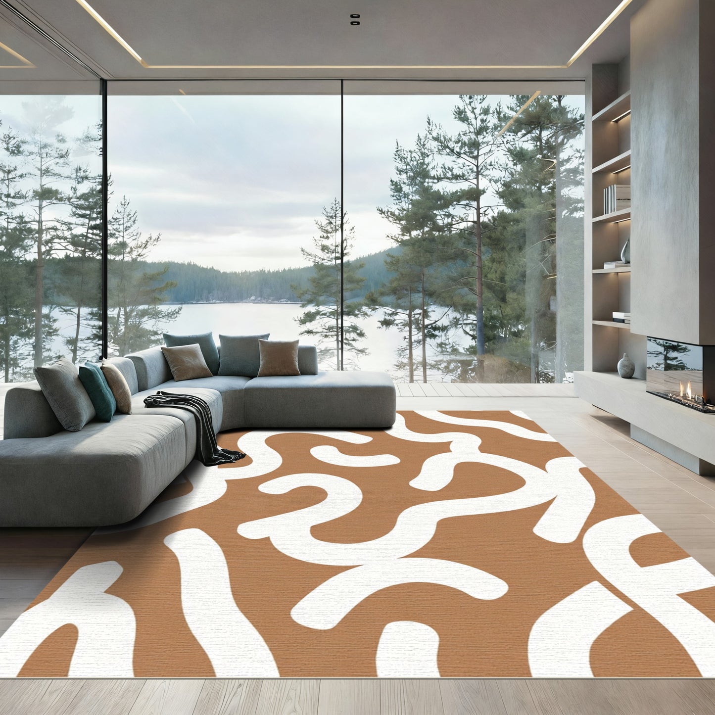 Brown Tan Abstract Swirl Rug