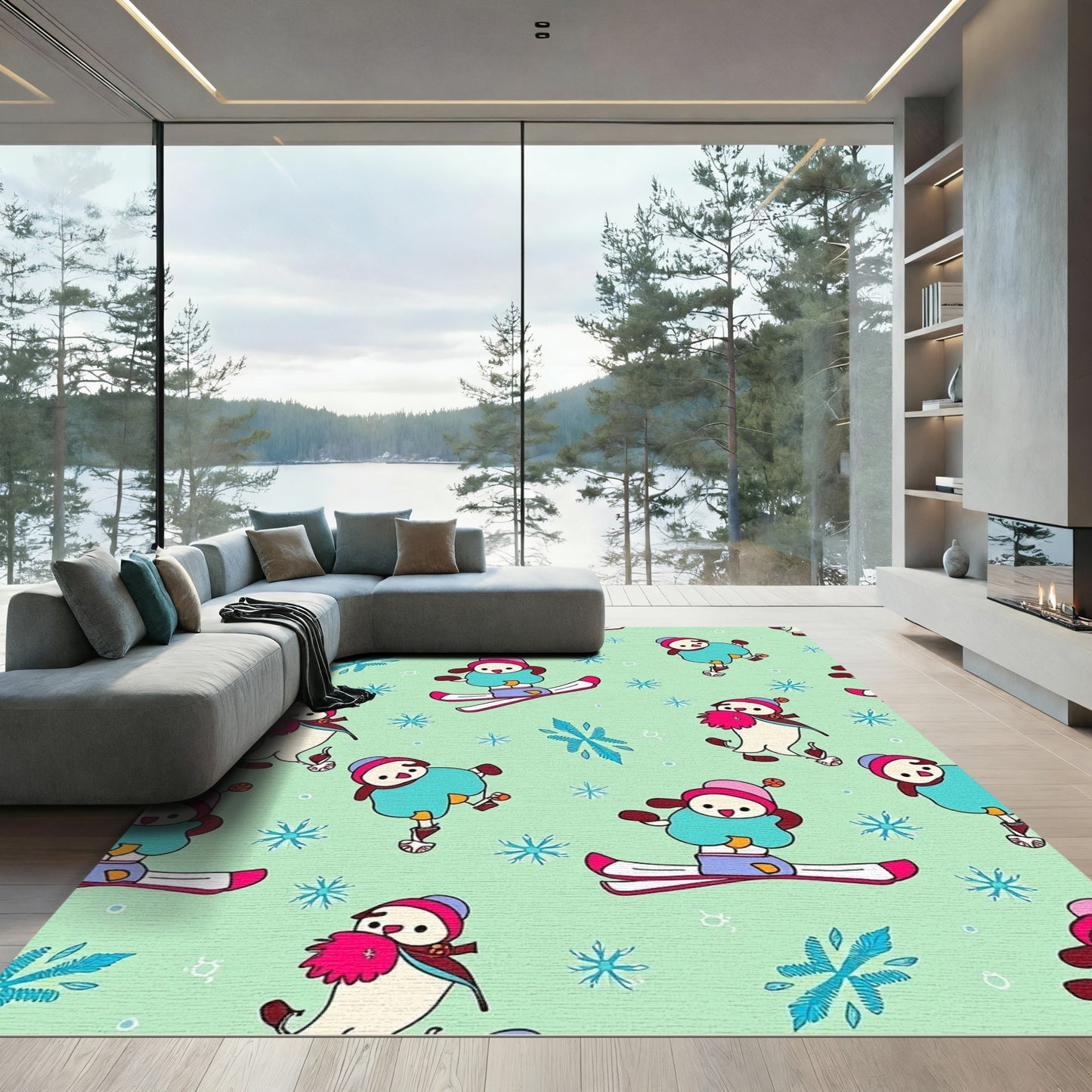 Cute Snowman Skiing Turquoise Snowflake Rug