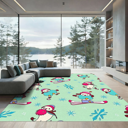 Cute Snowman Skiing Turquoise Snowflake Rug