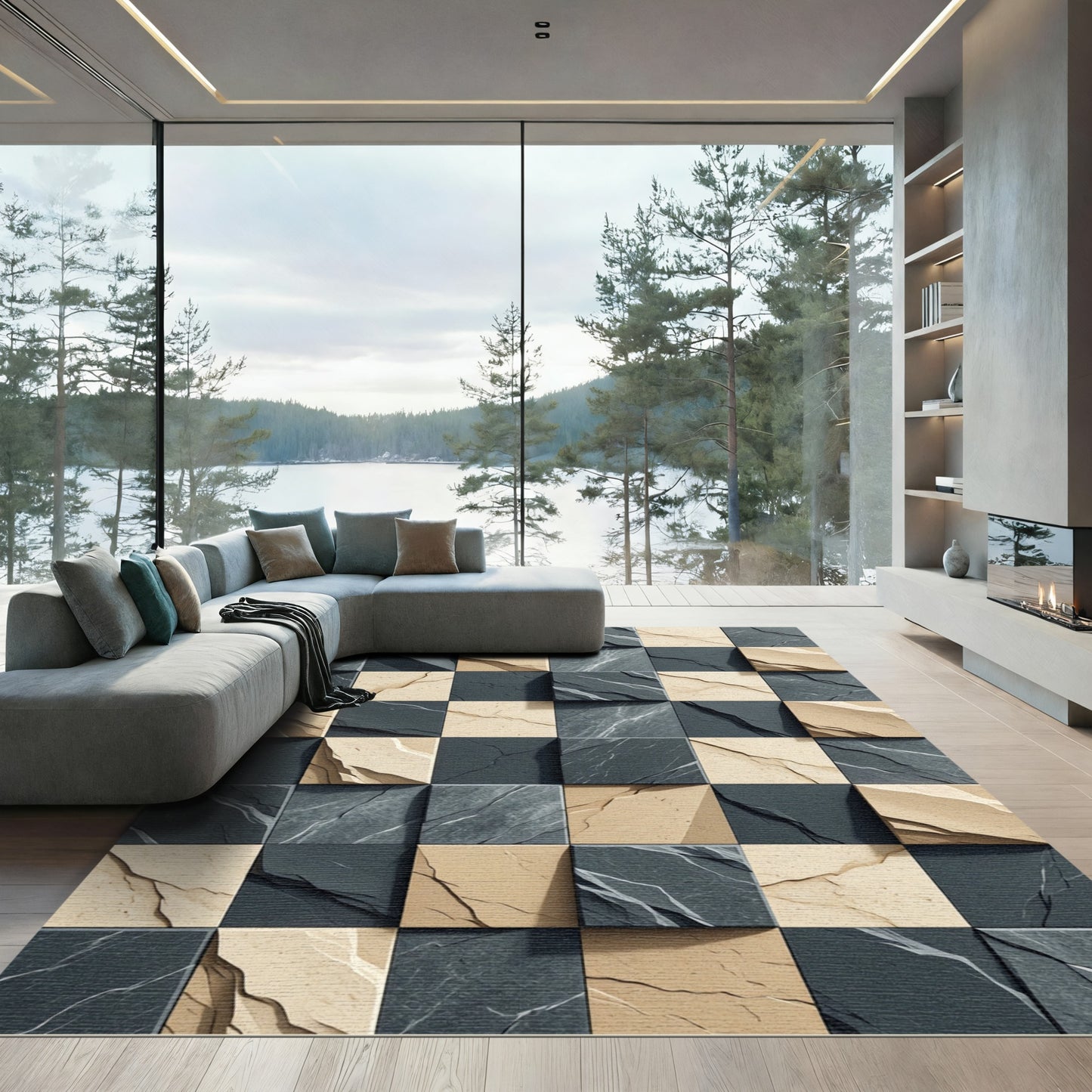 Beige Gray Cracked Stone Tile Rug