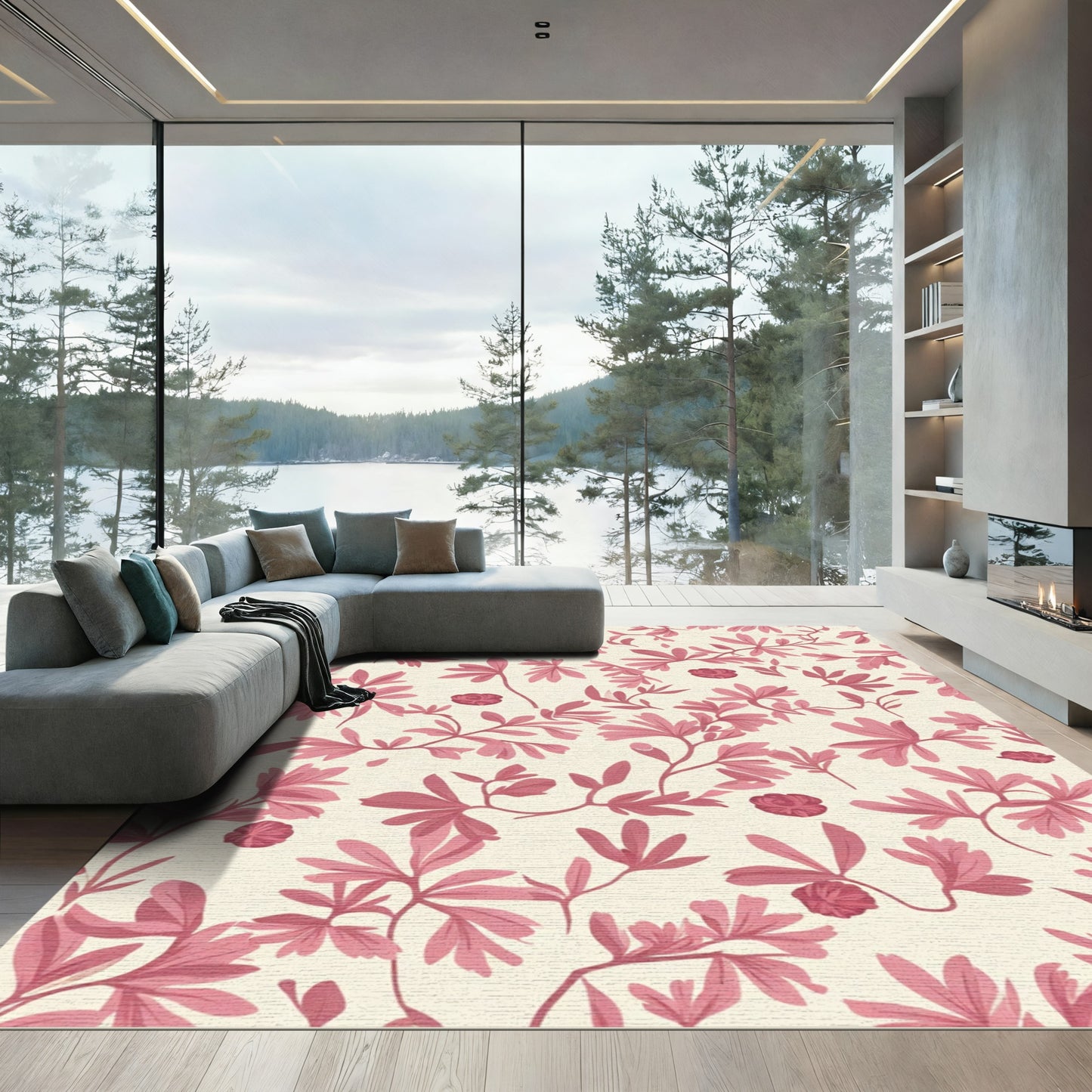 Coral Pink Floral Botanical Branches Rug