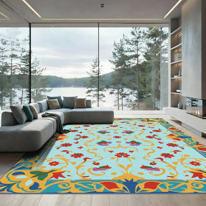 Turquoise Floral Scroll Garden Rug