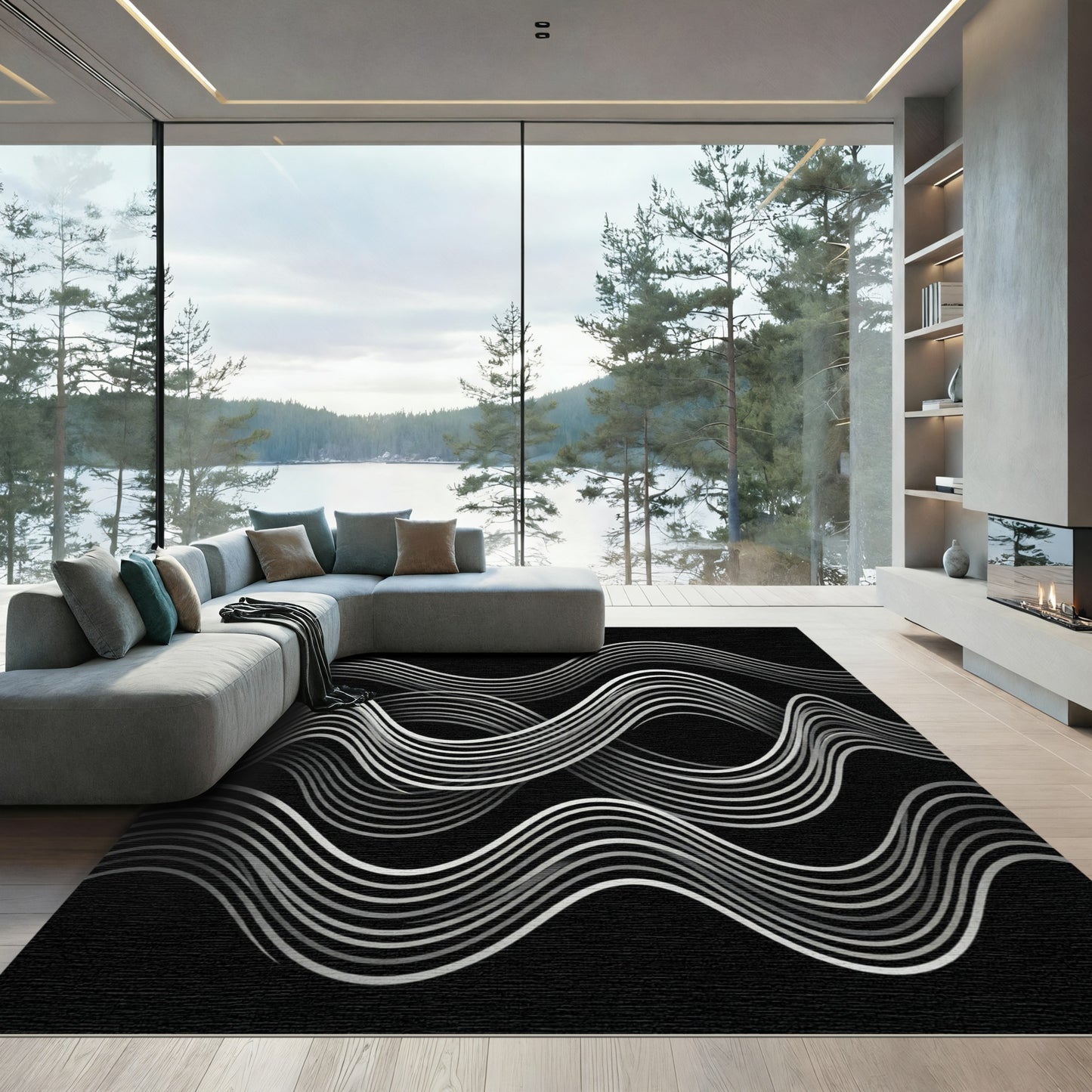 Monochrome Waves Contemporary Line Art Rug