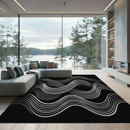 Monochrome Waves Contemporary Line Art Rug