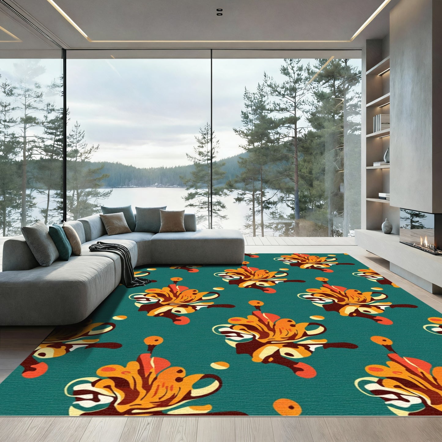 Orange Yellow Abstract Floral Swirl Rug
