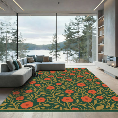 Dark Teal Red Blossom Vines Rug