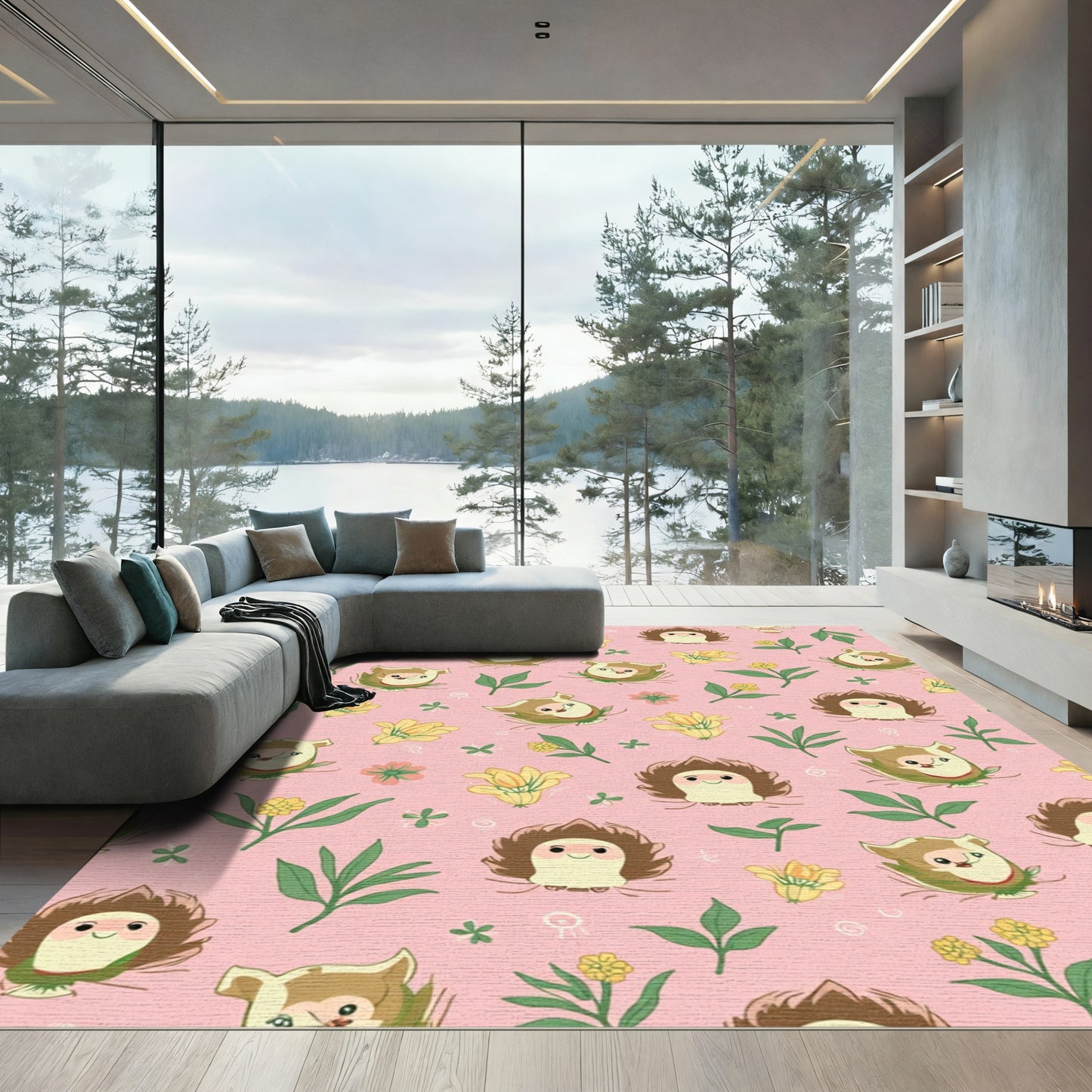 Whimsical Woodland Creatures Floral Pattern Rug