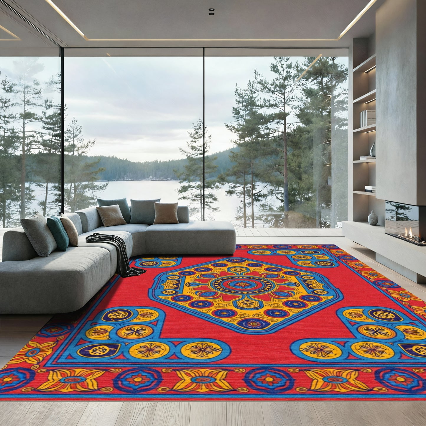 Crimson Blue Yellow Medallion Border Rug