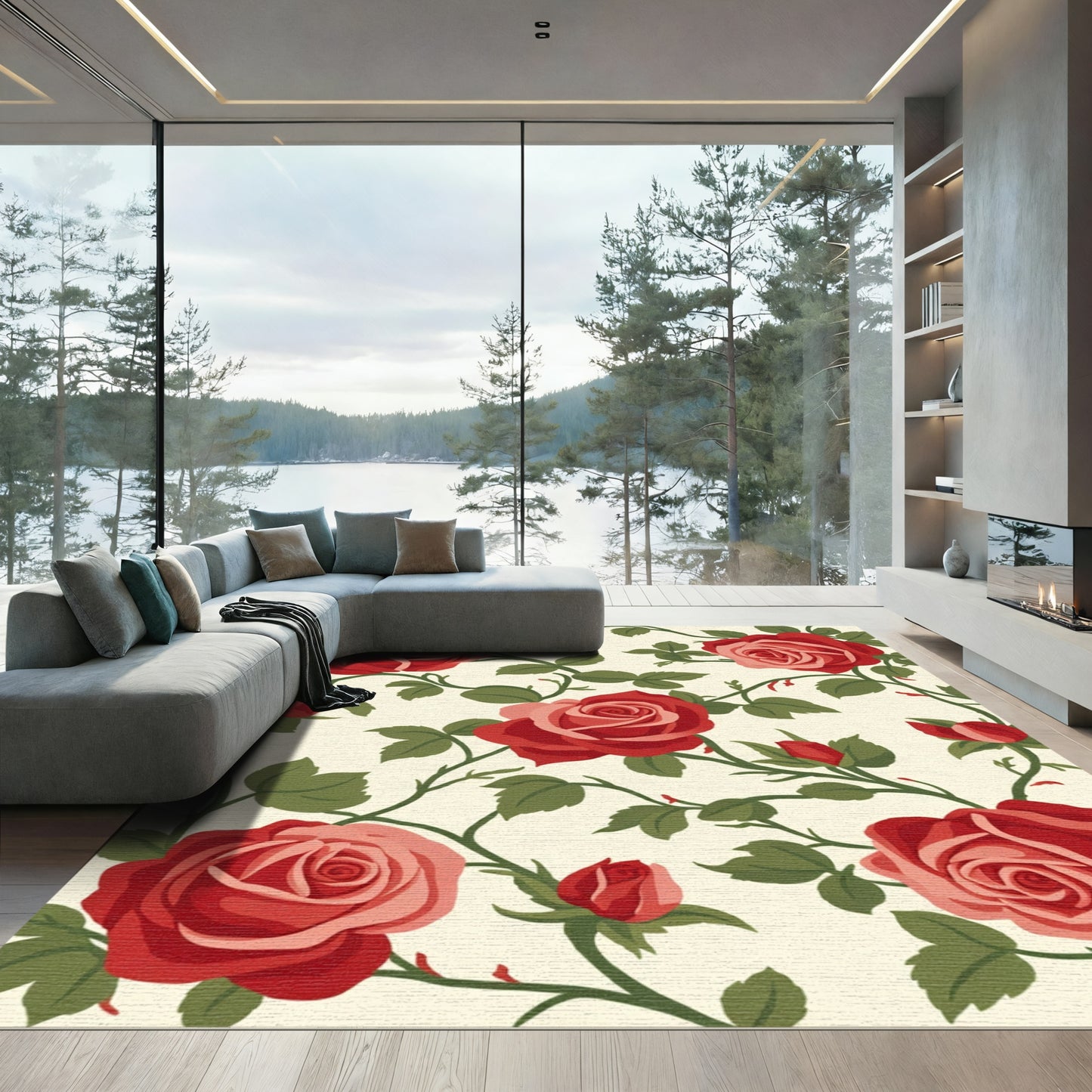 Crimson Rose Vine Floral Rug