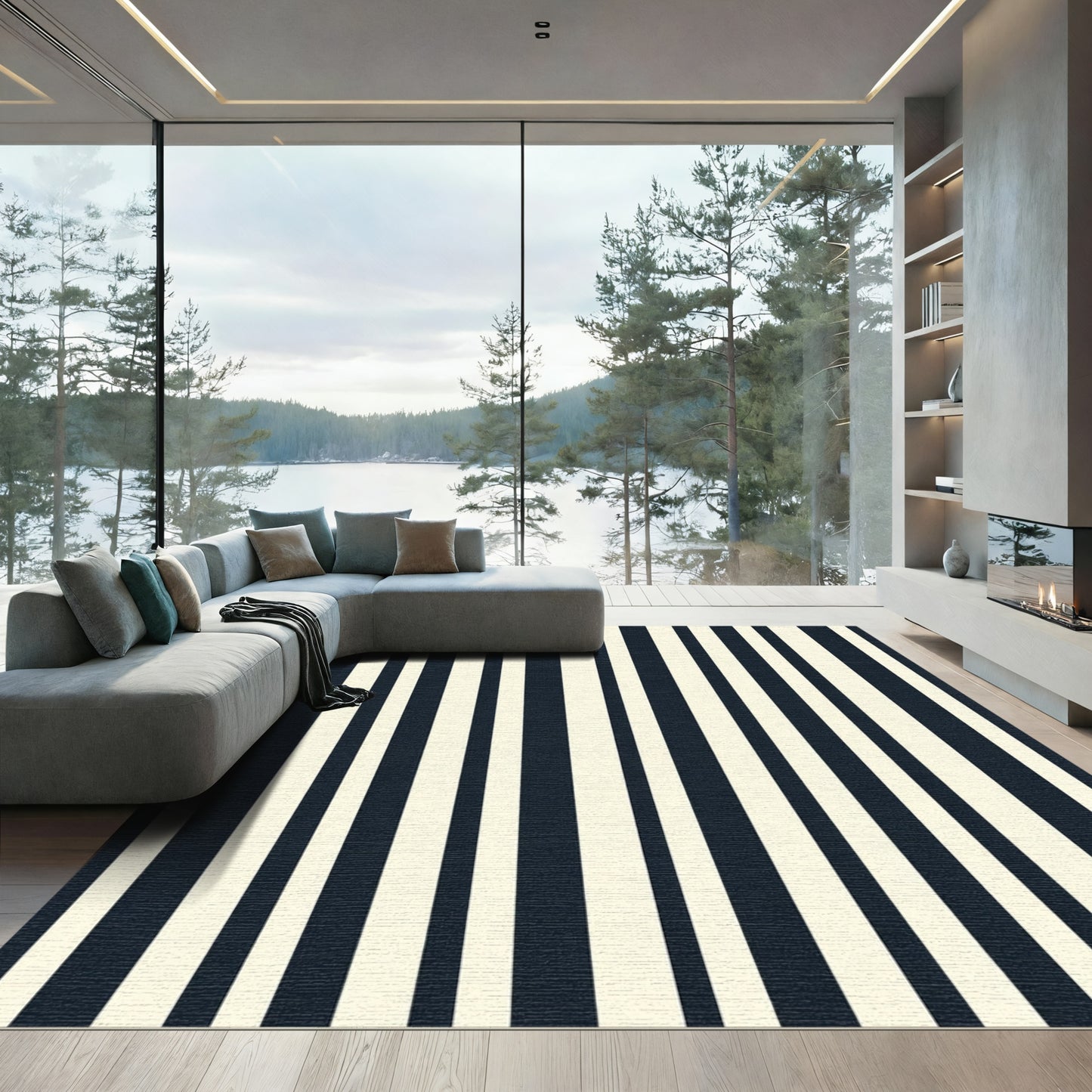 Bold Navy Ivory Vertical Stripe Rug