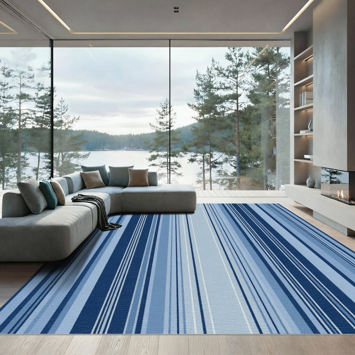 Deep Blue Tonal Stripes Rug