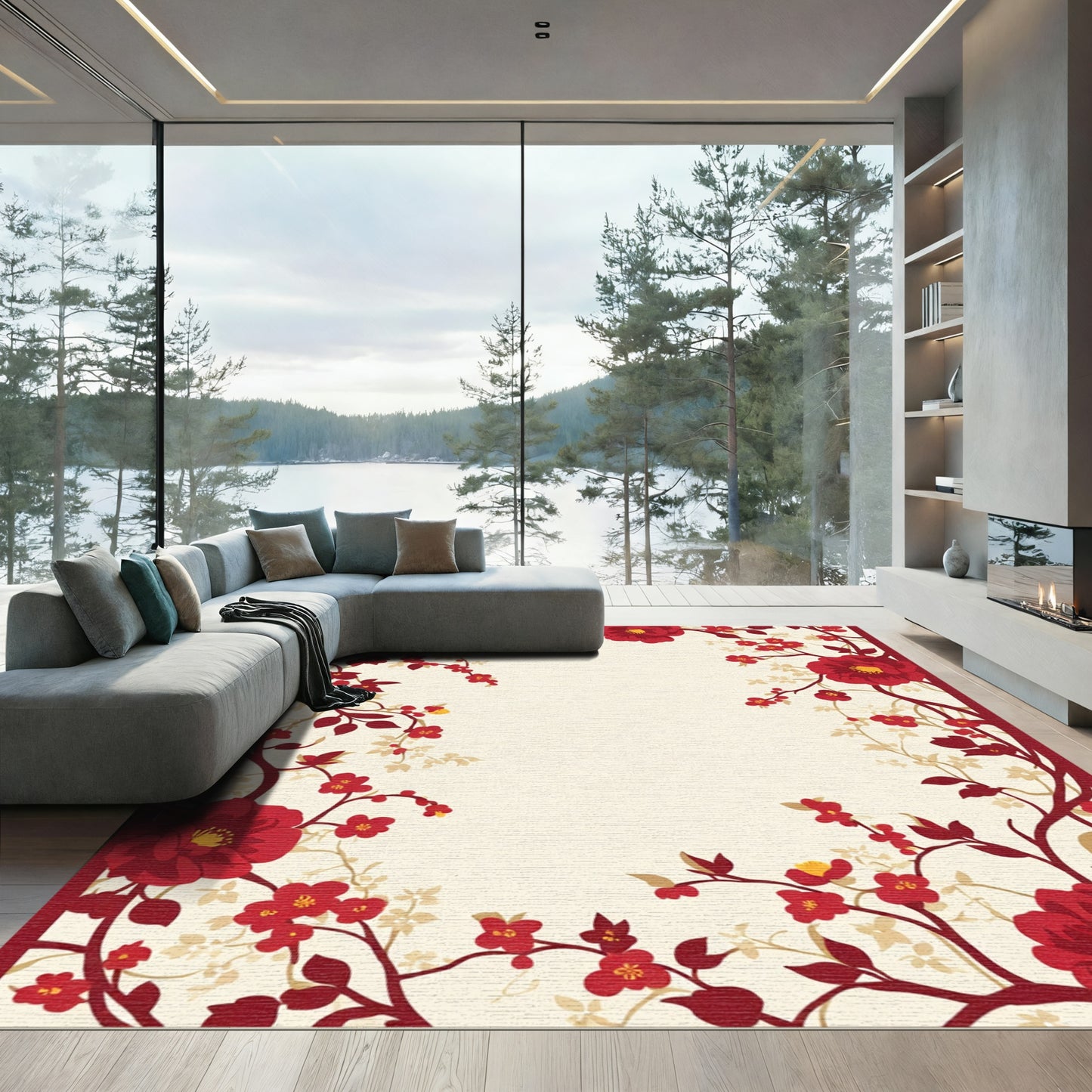 Vibrant Red Floral Branches Beige Background Rug