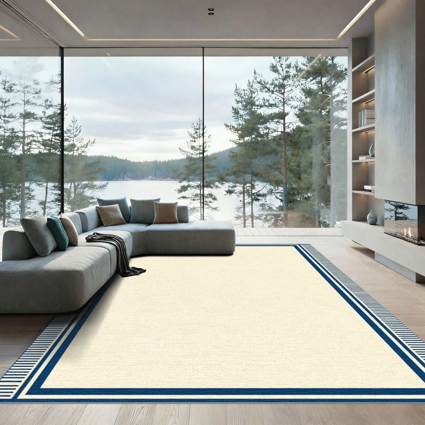 Creamy Ivory and Deep Blue Border Rug
