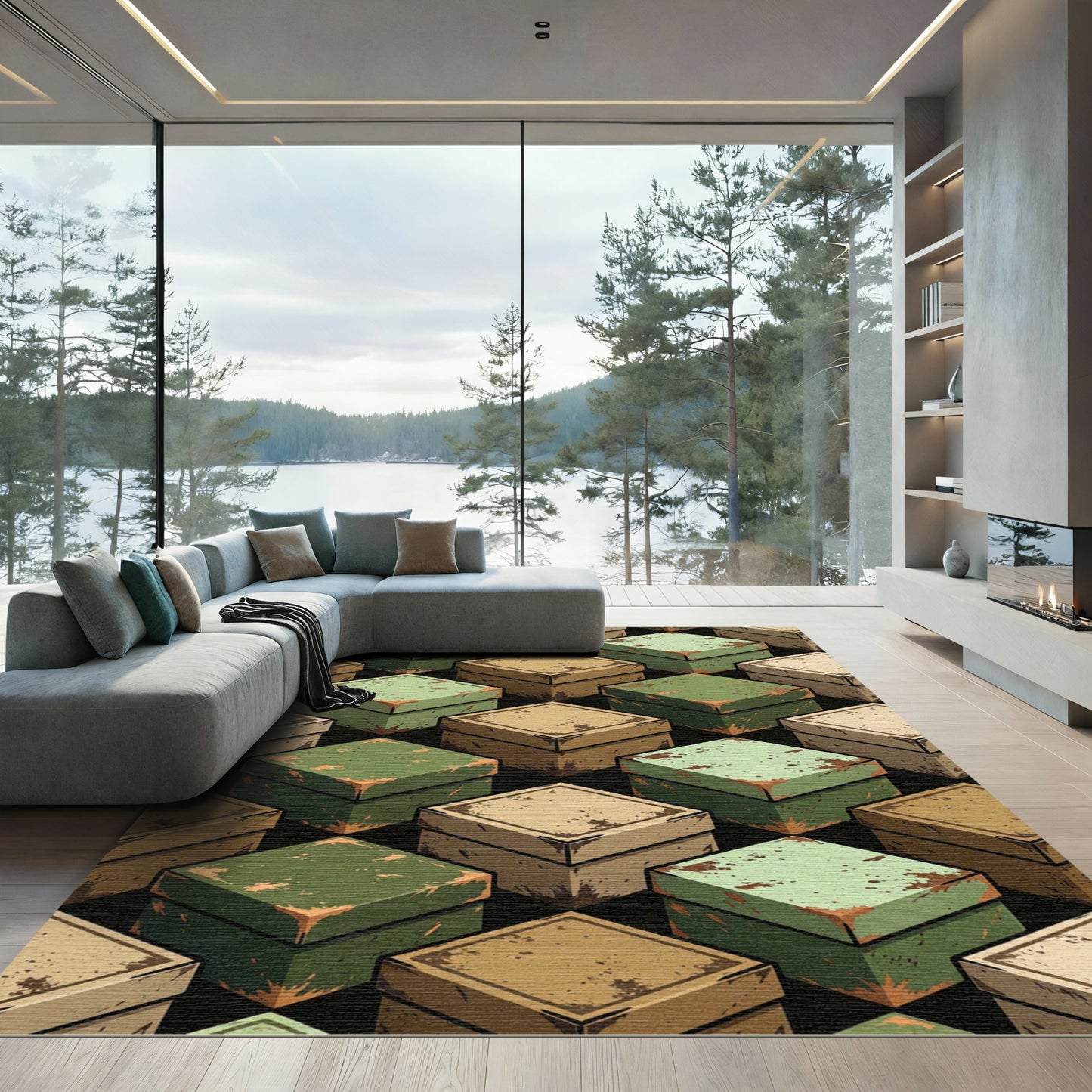 Weathered Green Tan Cubes Rug