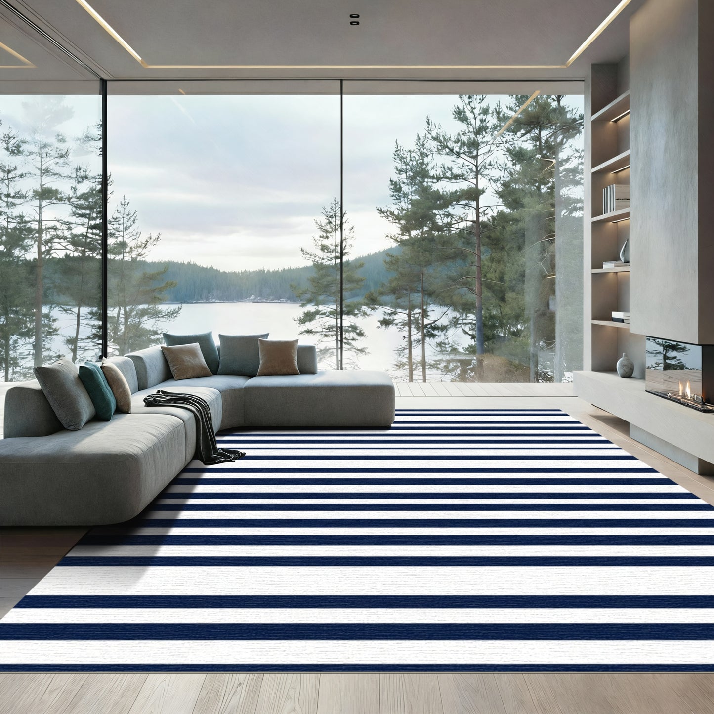 Navy White Parallel Lines Rug
