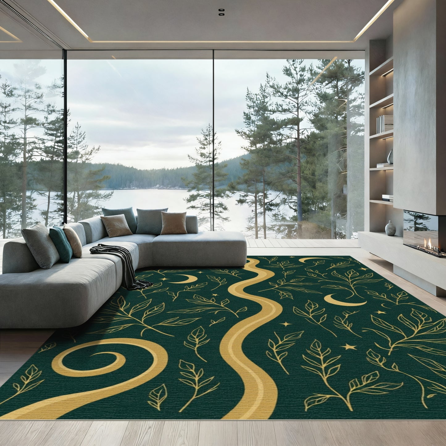 Golden Serpent Foliage Celestial Swirl Rug