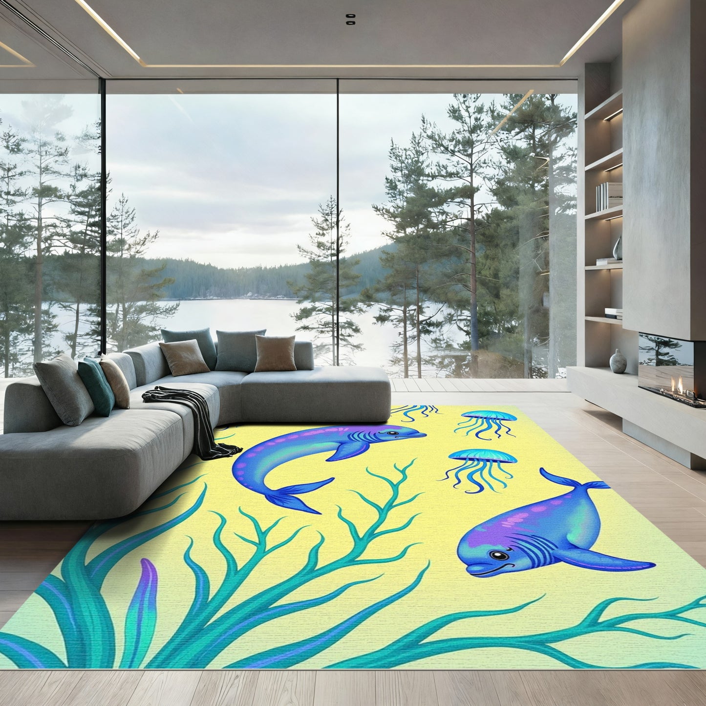 Whimsical Blue Dolphins Jellyfish Underwater Rug