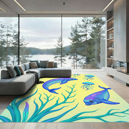 Whimsical Blue Dolphins Jellyfish Underwater Rug